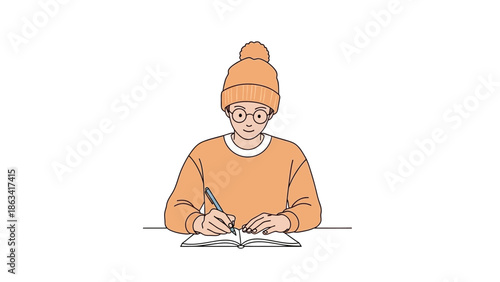 A diligent person clad in a vibrant orange beanie and sweater, concentrating on writing in a notebook, symbolizing learning, personal growth, and creative expression
