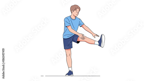 Illustration of a young man performing a leg stretching exercise, emphasizing flexibility and a proactive approach to physical fitness and overall well-being, perfect for health and wellness themes