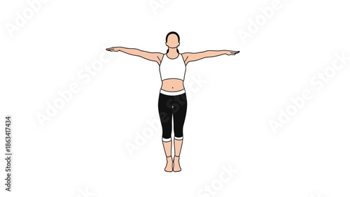 Minimalist illustration of a woman demonstrating a standing yoga pose with arms outstretched in a 'T' shape, promoting balance, fitness, and overall well-being