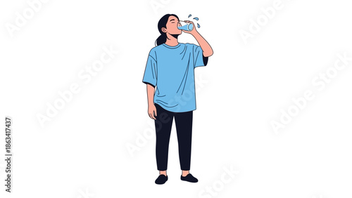 Minimalist illustration of a young woman staying hydrated by drinking a refreshing glass of water, emphasizing health and wellness habits for a balanced lifestyle