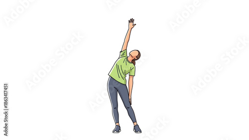 Woman performing a full body side bend stretch, a vibrant cartoon illustration depicting a fitness exercise designed to enhance flexibility and support a healthy lifestyle and overall well-being