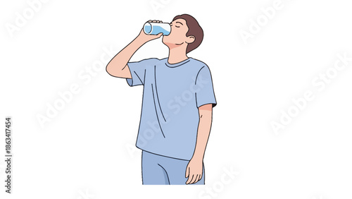 Vector illustration of a young person staying hydrated by drinking fresh water from a bottle, emphasizing healthy habits and refreshment for well-being
