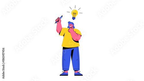 Vector illustration of a thoughtful individual experiencing a sudden brilliant idea, conceptualizing innovation and creative problem-solving with a glowing lightbulb moment