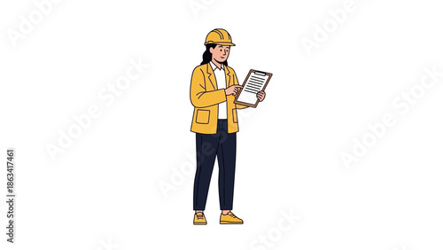 Dedicated female construction professional in a safety helmet carefully reviews project documents on a clipboard, symbolizing diligent work and site management