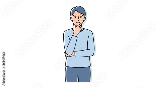 A pensive young man deep in contemplation, holding his chin, pondering possibilities and solutions with a focused and thoughtful expression