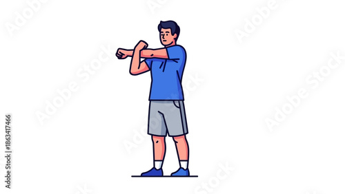 Young man in activewear performing a cross-body arm stretch, ideal for warm-up exercises, cool-down routines, or general flexibility and fitness