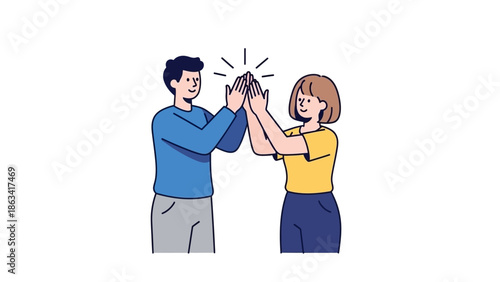 Joyful man and woman celebrating shared success with an enthusiastic high-five, symbolizing teamwork, achievement, and positive collaboration in a modern flat illustration