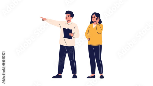 Professional man giving clear direction and instructions to a thoughtful woman, illustrating effective communication and task delegation in a collaborative setting