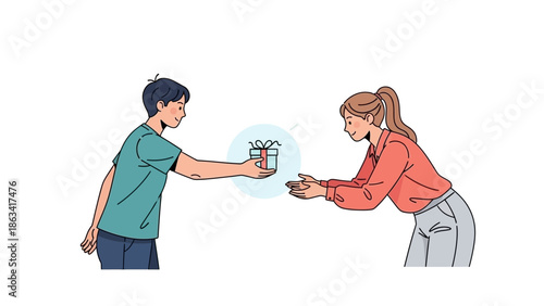 A thoughtful gesture of connection and appreciation as a man presents a sparkling gift box to a joyful woman, symbolizing generosity and shared moments of happiness and celebration