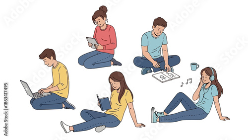 Contemporary People Engaged in Learning, Reading, and Relaxing with Digital Technology and Books, Illustrating Modern Habits of Information Consumption and Personal Growth