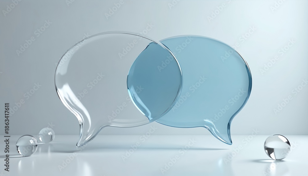Fototapeta premium Two translucent speech bubbles intersect representing communication. One bubble is clear glass, the other blue glass. Small glass spheres are nearby suggesting ideas or thoughts.