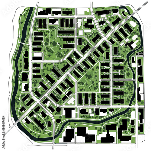 Urban planning map with green spaces and infrastructure.