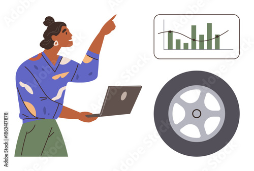 Business analytics, automotive diagnostics, technology solutions, presentation, efficiency, strategy. Woman holding laptop with graph and car wheel icon. Focus on business analytics and automotive