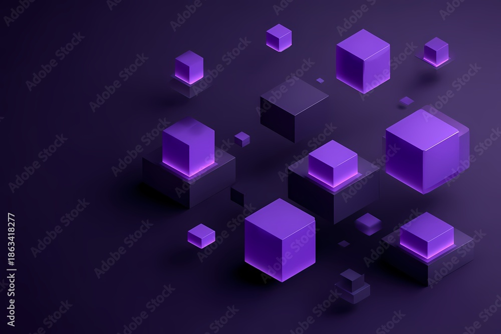 Obraz premium Abstract design featuring glowing purple cubes on a dark background, creating a modern and futuristic atmosphere.