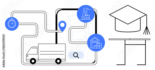 Logistics, education improvement, supply networks, tracking systems, delivery coordination, remote learning. Delivery truck on route map, factory house search icon graduation cap. Logistics