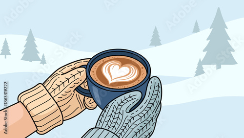Winter Coffee Love: Hands Holding Latte in Snowy Landscape, Cozy Drink Illustration