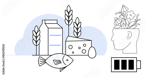 Dairy, grains, cheese, fish, and egg next to blooming head and battery icon. Ideal for nutrition, brain health, self-care wellness mindfulness vitality and sustainability. Simple flat metaphor