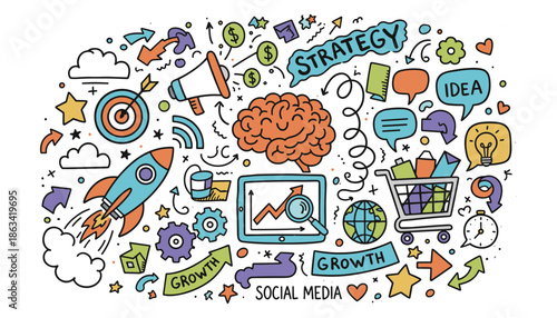 Business doodles with brain rocket growth strategy social media marketing concept design