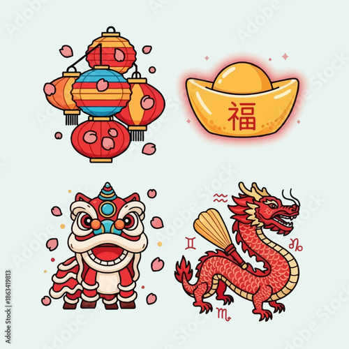 A vibrant collection of Chinese New Year cultural elements including lanterns, a golden ingot, a lion dance costume, and a red dragon with zodiac signs.