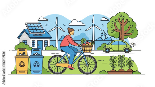 Eco-friendly lifestyle with sustainable energy, cycling, and electric car, promoting a green future