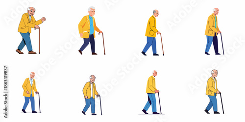Flat vector illustrations of an elderly man walking with a cane, showing various poses and movements for animation sprite sheets.