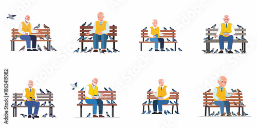 Collection of eight illustrations depicting an elderly man happily sitting on a park bench and feeding a flock of pigeons.