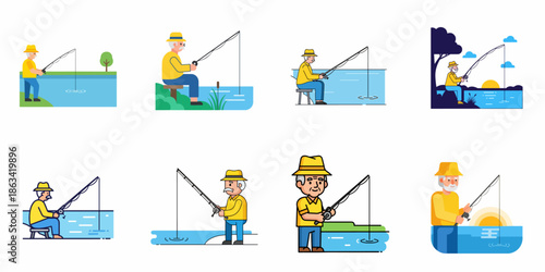 A collection of vector illustrations showing a senior man fishing outdoors in various settings, representing retirement leisure and hobby.