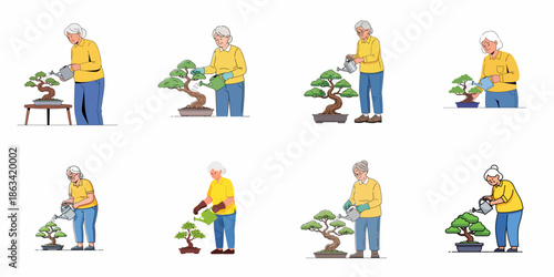Senior Woman Character Set Tending Bonsai Trees. Grandmother Enjoying the Hobby of Watering and Caring for Miniature Plants.