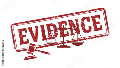 Evidence stamp with gavel and scales of justice in red vector for court case file