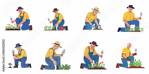 Collection of illustrations featuring senior men gardening, planting flowers and sprouts, tending to their hobby, showing retirement and healthy lifestyle.