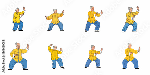 Vector illustration set of senior people practicing Tai Chi or Taijiquan martial arts exercise for health and relaxation on a white background.