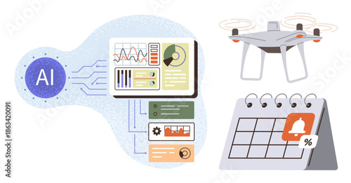 Automation, data analytics, futuristic technology, artificial intelligence, scheduling tools, quadcopter operation. A Quadcopter, calendar and data interface linked with AI. Automation and data