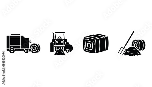 Farm machinery with hay bale in black color outline vector image illustration