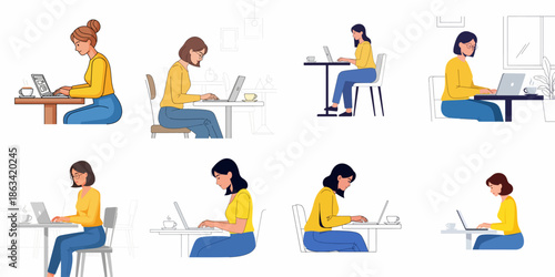 Eight illustrations of young women remotely working on laptops, studying, or freelancing from various locations like a cafe or home office.