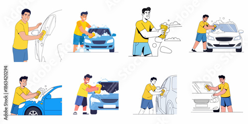 Collection of illustrations showing a smiling man washing his car with soap and sponge, demonstrating DIY vehicle cleaning maintenance tasks.