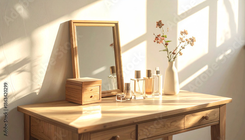 Elegant entryway interior with a round mirror on the wall, a wooden console table, and a vase with dried pampas grass, warm home atmosphere with analog film grain.
