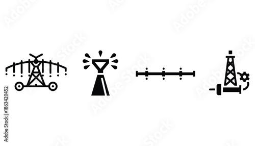 Irrigation system icons for crop spraying field agriculture process and watering plants line style