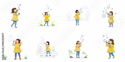 Collection of eight cute little girls in yellow dresses blowing soap bubbles, showcasing childhood joy and fun outdoor activity vector illustrations.