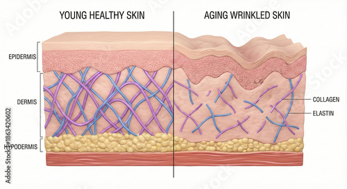 Skin Layers Anatomy Comparison of Collagen and Elastin Aging