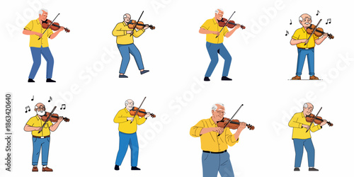 Vector illustrations of senior man playing the violin. Elderly male musician enjoying his hobby in retirement, performing classical music.