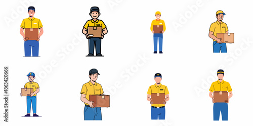 Set of eight courier characters in yellow uniform holding cardboard boxes, representing fast shipping and logistics services.