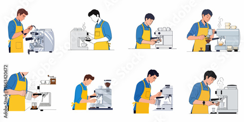 Set of eight illustrations detailing various stages of coffee preparation by professional baristas using espresso machines on a white background.