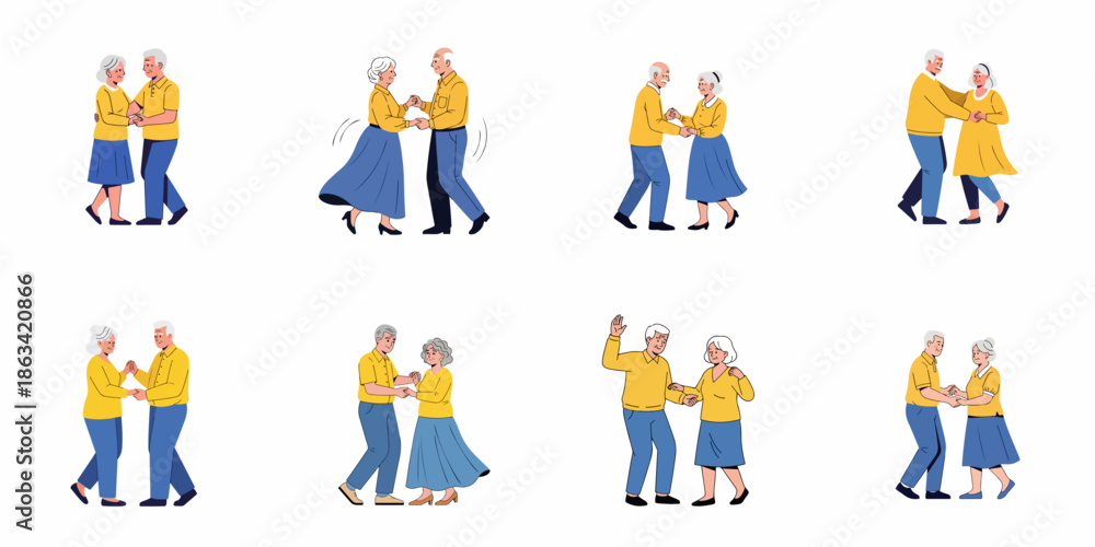 Fototapeta premium Animated set of senior couples dancing together, showcasing active retirement, romance, and joyful movement in various poses.