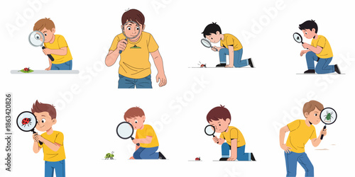 Collection of Cute Young Boys Examining Ladybugs and Beetles using Magnifiers, Promoting Science and Discovery.