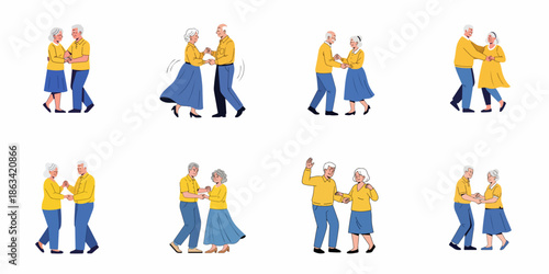 Animated set of senior couples dancing together, showcasing active retirement, romance, and joyful movement in various poses.