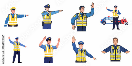 Vector Set of Traffic Police Officers Directing Vehicles and Managing Road Flow, Wearing Reflective Vests and Performing Hand Signals for Safety.