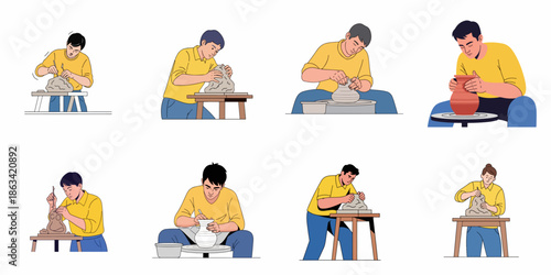 Set of illustrations depicting the pottery process and clay modeling, showing artists shaping ceramic vases, bowls, and sculptures using wheels and tools.