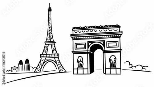 Black and White Hand Drawn Sketch of Eiffel Tower and Arc de Triomphe