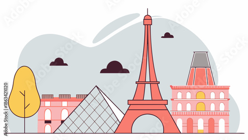 Paris City Landmark Illustration in Flat Style with Eiffel Tower and Louvre