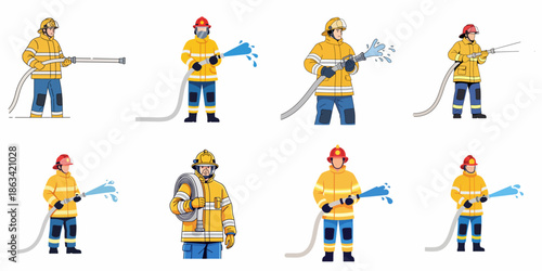 Vector set of professional firefighters in yellow uniform operating fire hoses for emergency rescue and safety operations, isolated on white.